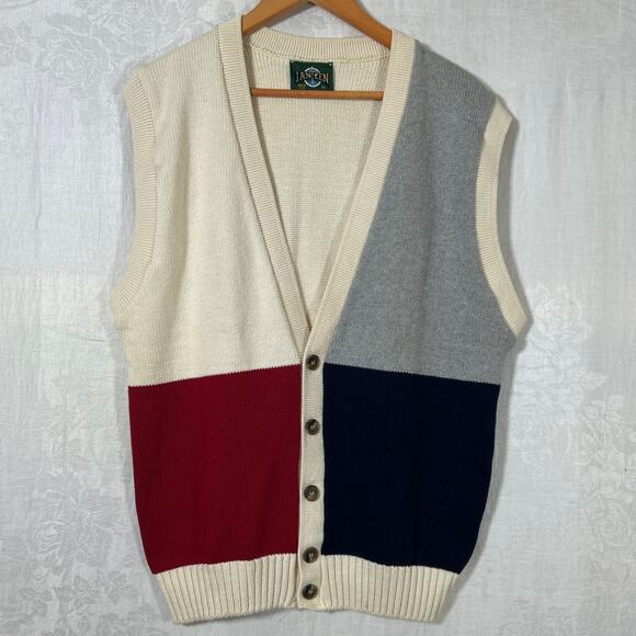 VTG Jantzen Sweater Vest Medium Cream Gray Red Black Colorblock USA Made V Neck - Picture 1 of 7